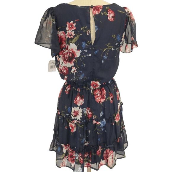 CRYSTAL DOLL Juniors' Printed Tiered Fit & Flare Short Sleeve Blue  Chiffon Dres - Picture 3 of 8